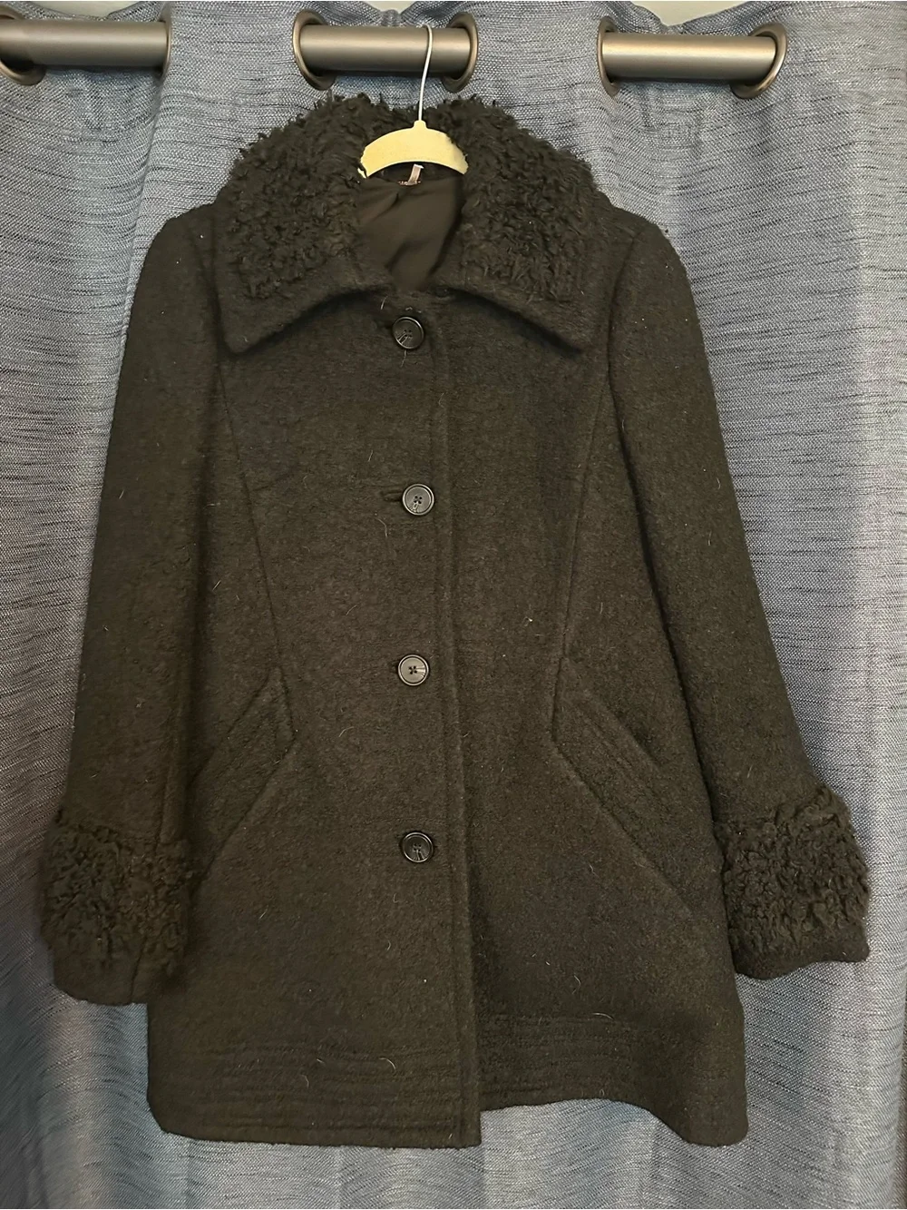 Free People Black Wool Pea Coat with Faux Shearling Trim